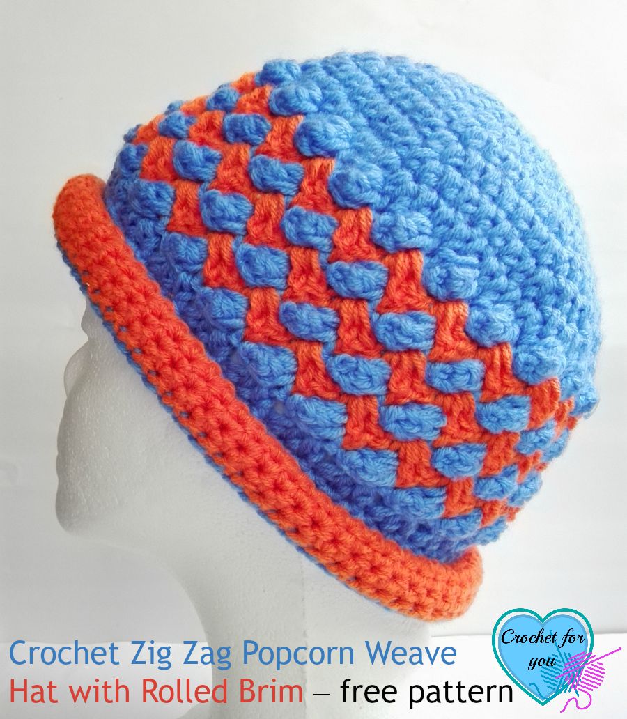 Crochet ZigZag Popcorn Weave Hat with Rolled Brim - free pattern