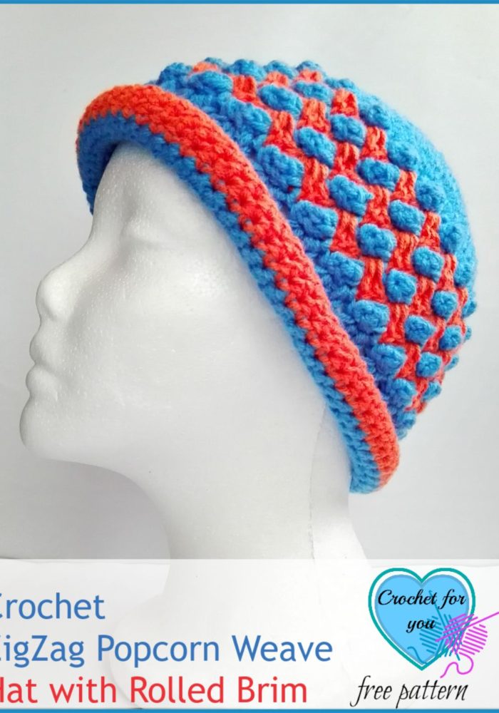 Crochet ZigZag Popcorn Weave Hat with Rolled Brim - free pattern