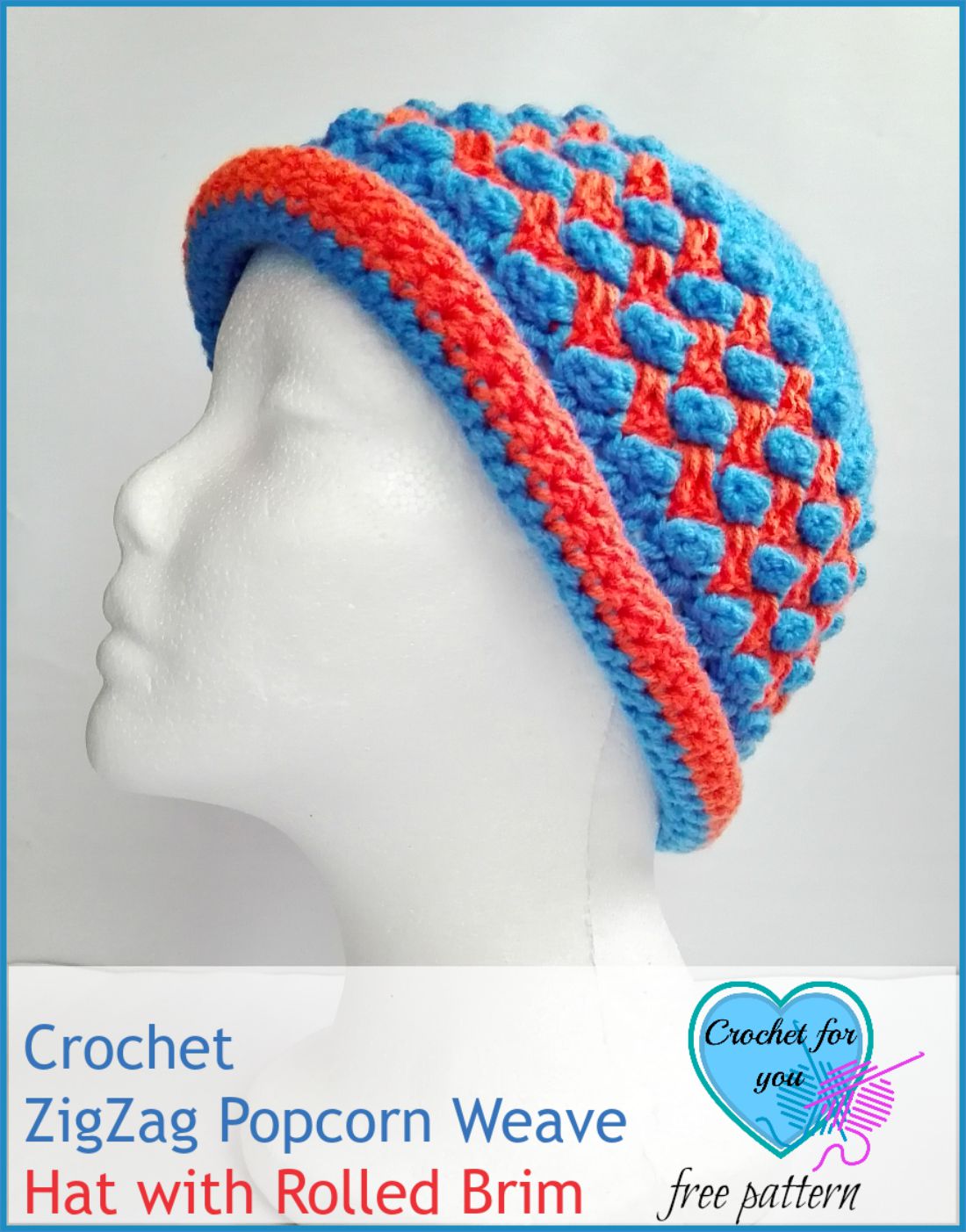 Crochet ZigZag Popcorn Weave Hat with Rolled Brim - free pattern