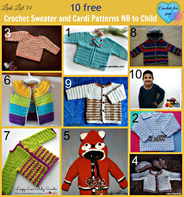 Crochet Sweater and Cardi Patterns NB to Child - 10 free patterns