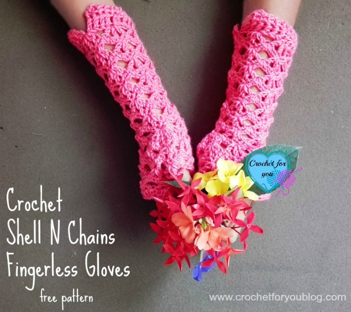 Crochet Shell N Chains Fingerless Gloves - free pattern