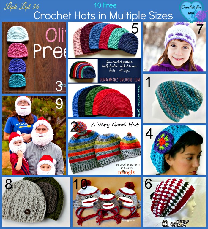 10 Free Crochet Hats in Multiple Sizes