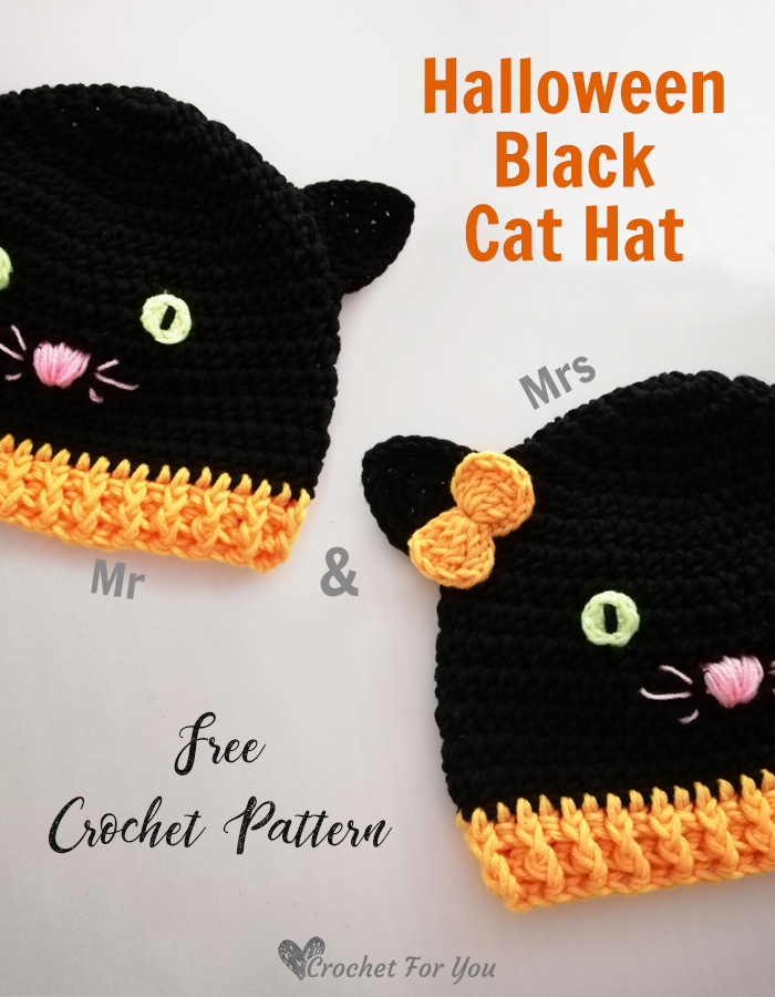 Crochet Halloween Black Cat Hat - free pattern 