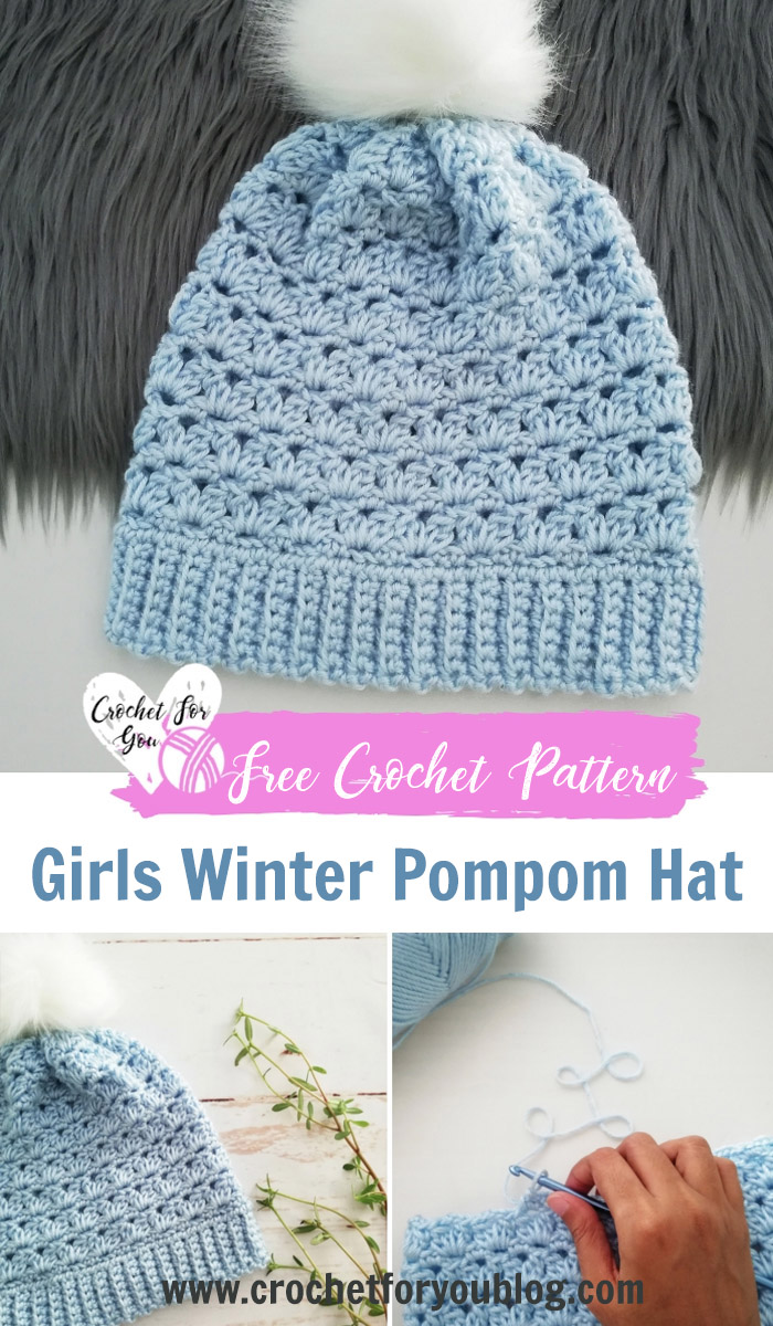 Girls Winter Pompom Hat Free Crochet Pattern 