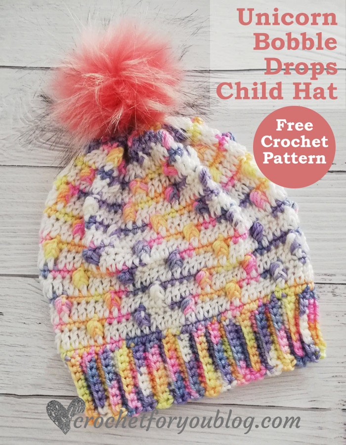 Unicorn Bobble Drops Child Hat Free Pattern