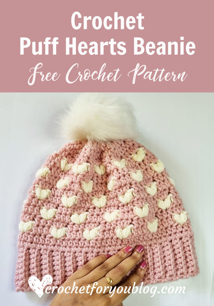Crochet Puff Hearts Beanie Free Pattern