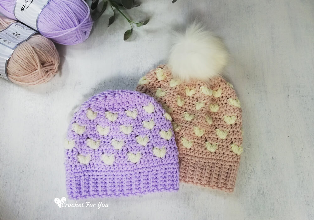 Puff Hearts Baby Child Beanie Free Pattern