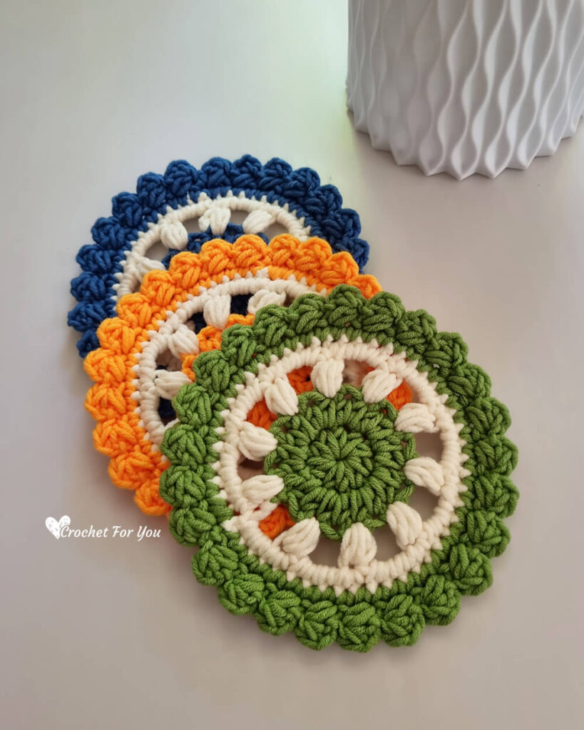 Colorful wheels crochet coasters free pattern